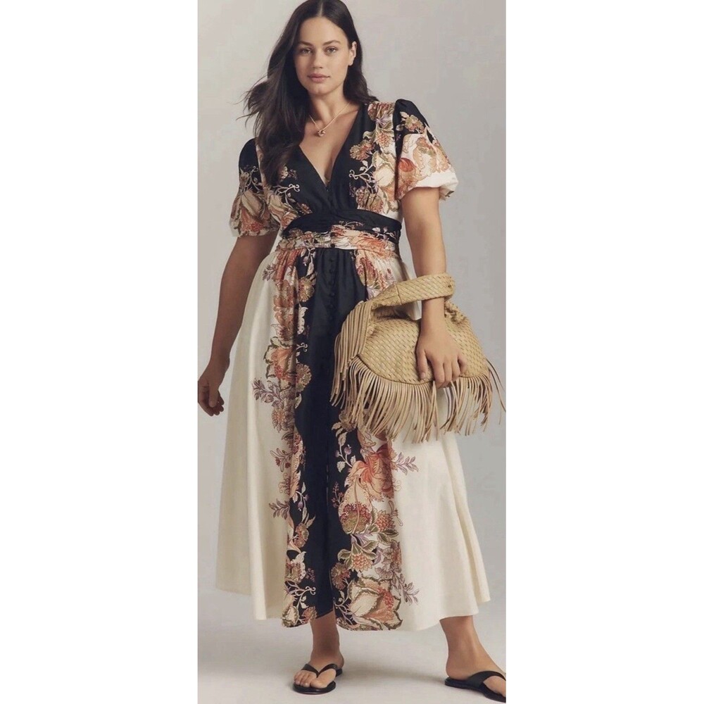 EUC Anthropologie Catalina Button Front Dress Womens Plus 1X Floral V-Neck Midi